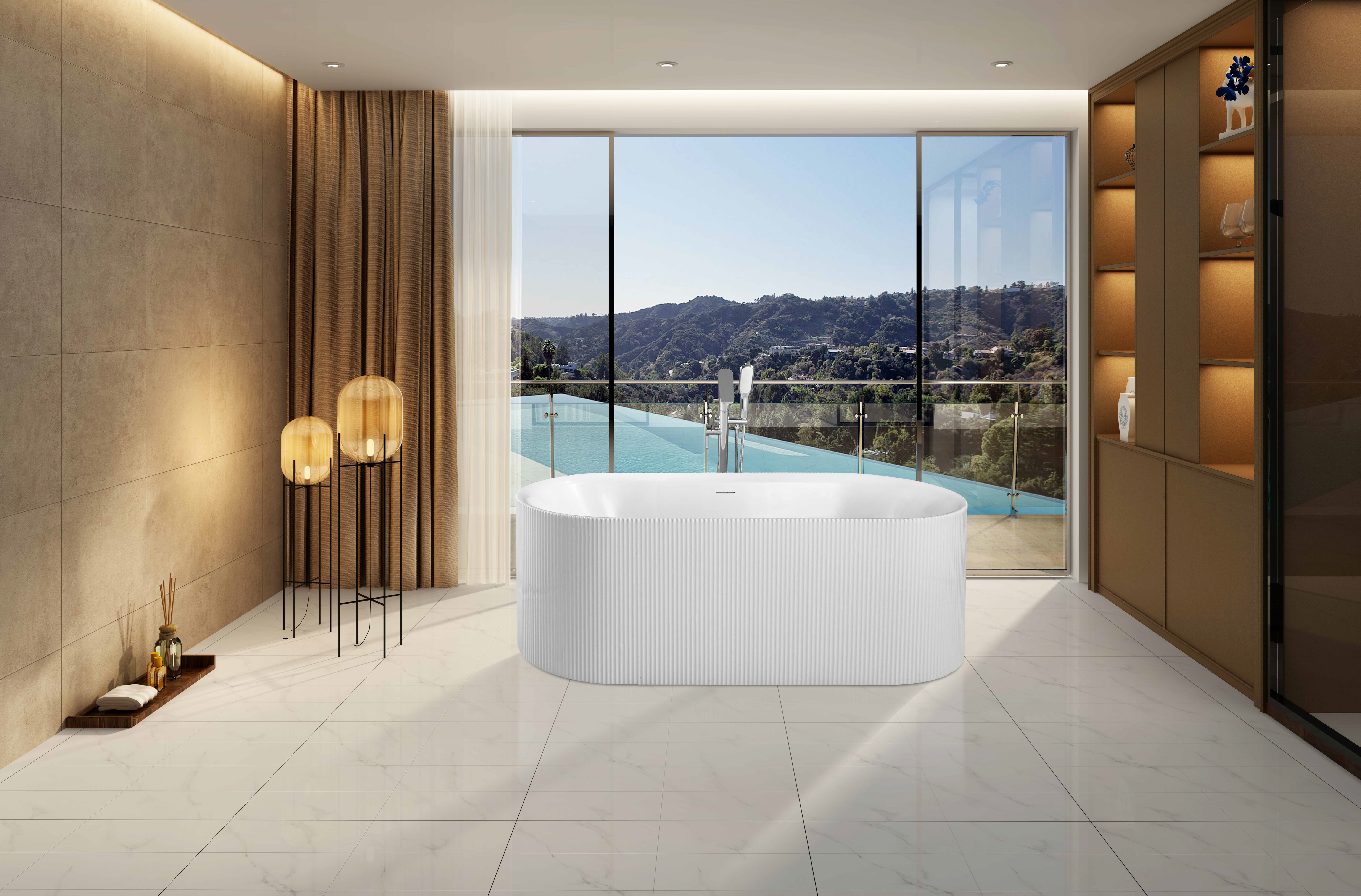 Serenique fluted freestanding bath in a sunlit bathroom overlooking the hills